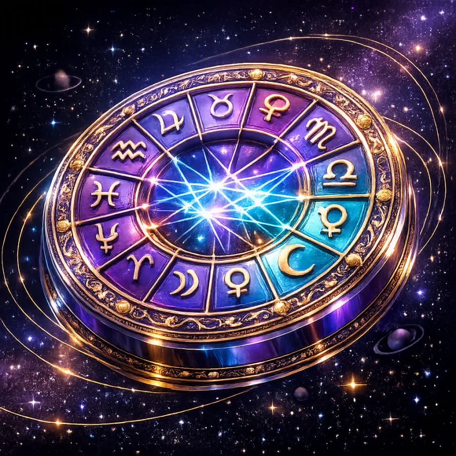 An ornate three-dimensional astrological chart wheel