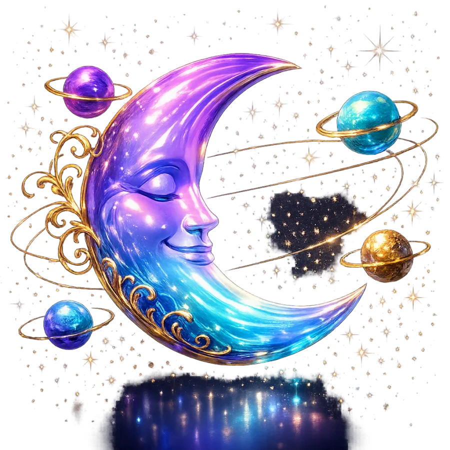 A sculpted crescent moon surrounded by small orbiting planets